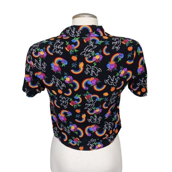 Spencers Crop Top Womens Size Medium Black Floral Pride Rainbow Print Tie Front - Picture 5 of 7